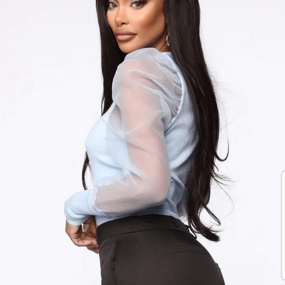 Fashion Nova Baby Blue Shirt Sheer Sleeves XL L - Picture 4 of 5